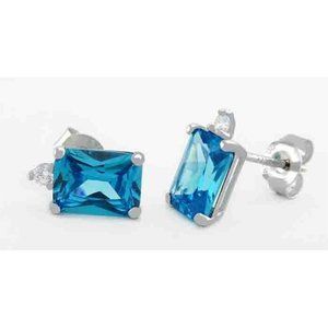 Created 5.24 Cts Blue Topaz & White Sapphire Stud Earrings .925 Silver